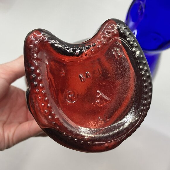 Happy Cat Wine Bottle Lot Of 2 Red & Cobalt Blue Rheinhessen Riesling Empty Vtg - Picture 7 of 9